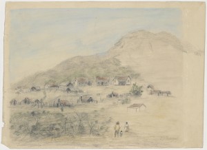 Sketch of goldfield in Victoria, mid 1850s. H28122, State Library of Victoria.