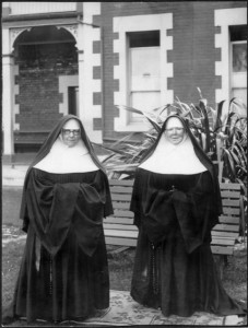 Sister Mary Kostka Kirby (1863-1952) and Sister Mary Augustine Mullally, Catholic nuns of the Sisters of Mercy in Dunedin, ca 1934. Sisters of Mercy Dunedin Archive - Ref: natlib.govt.nz.emu 1/2-199100-F 
