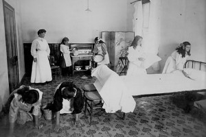 Fig 2: Learning to tidy and clean bedrooms, 1902-1904. Household Management Centre, Western Australia. State Library of Western Australia
