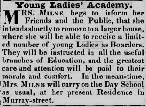 Typical advertisement for early colonial ladies' academies. The Colonist and Van Diemen's Land Commercial and Agricultural Advertiser, 12 October 1932, p. 1