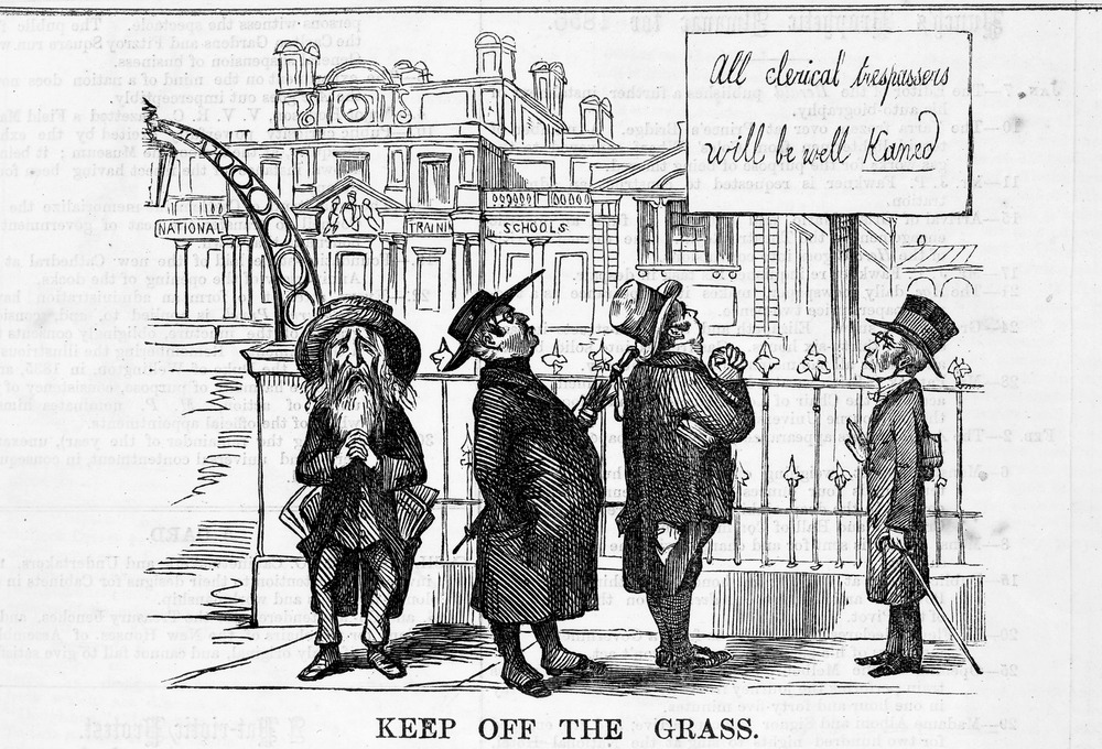 Cartoon of 1855. National schools in Victoria resisted the visitational influence of denominational clergy. Source: State Library of Victoria.