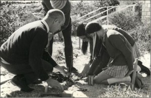 Alf Salkin with students, planting a native garden, Mount Waverley High School, c.1969. (Salkin family photograph collection.)