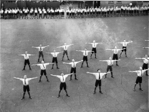 Older traditions died hard. Physical culture display by boys at Drummoyne Public School, Sydney, 1934. [SLNSW, Home and Away 1229]